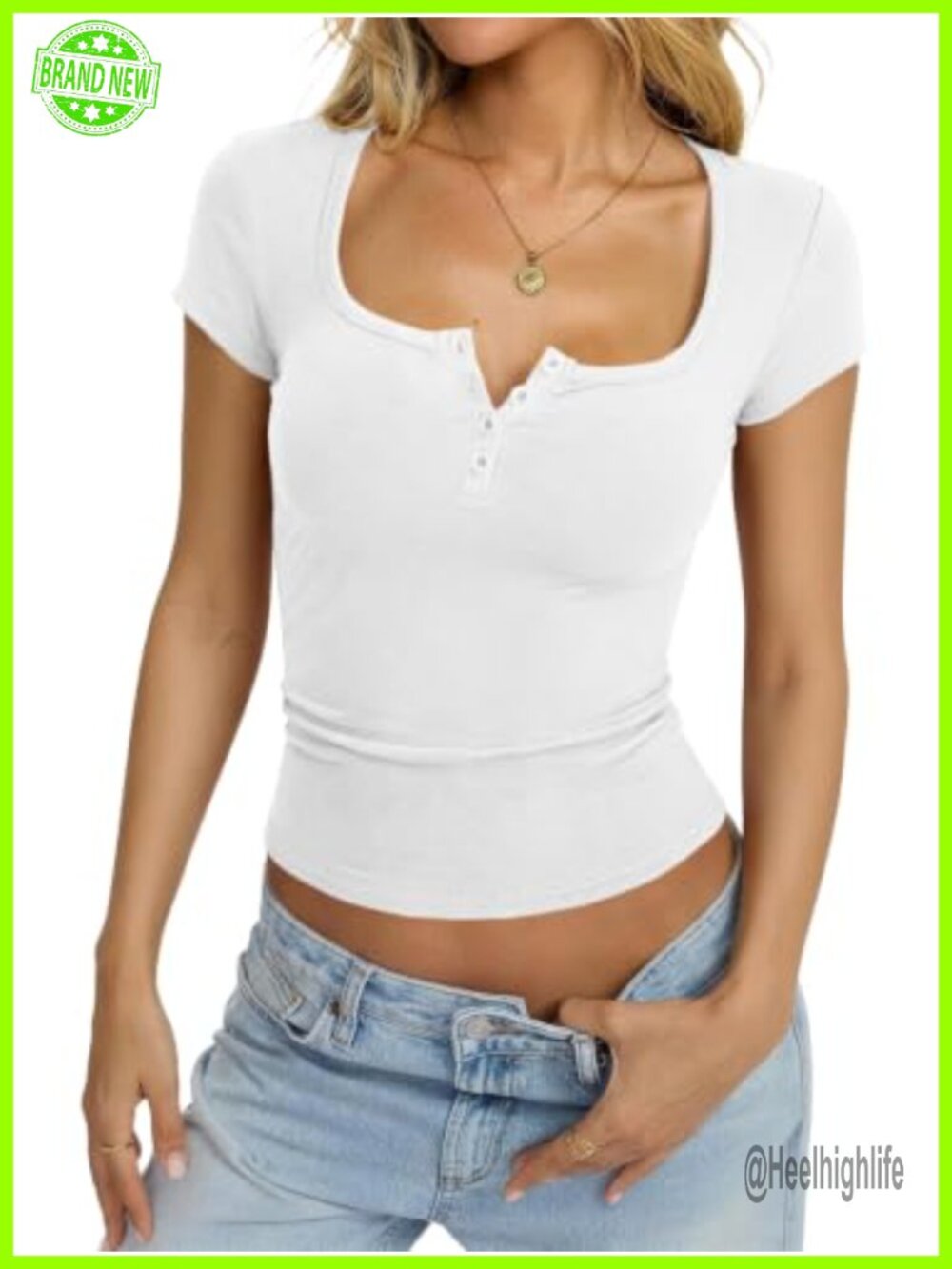 Cotton Henley T Shirt Fitted Short Sleeve Cap Sleeve Square Neck Casual Top